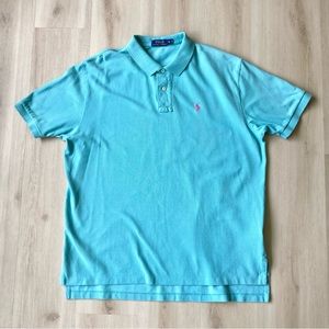 Polo Ralph Lauren Shirt Sleeve Polo Shirt Teal with Pink Pony Logo XL